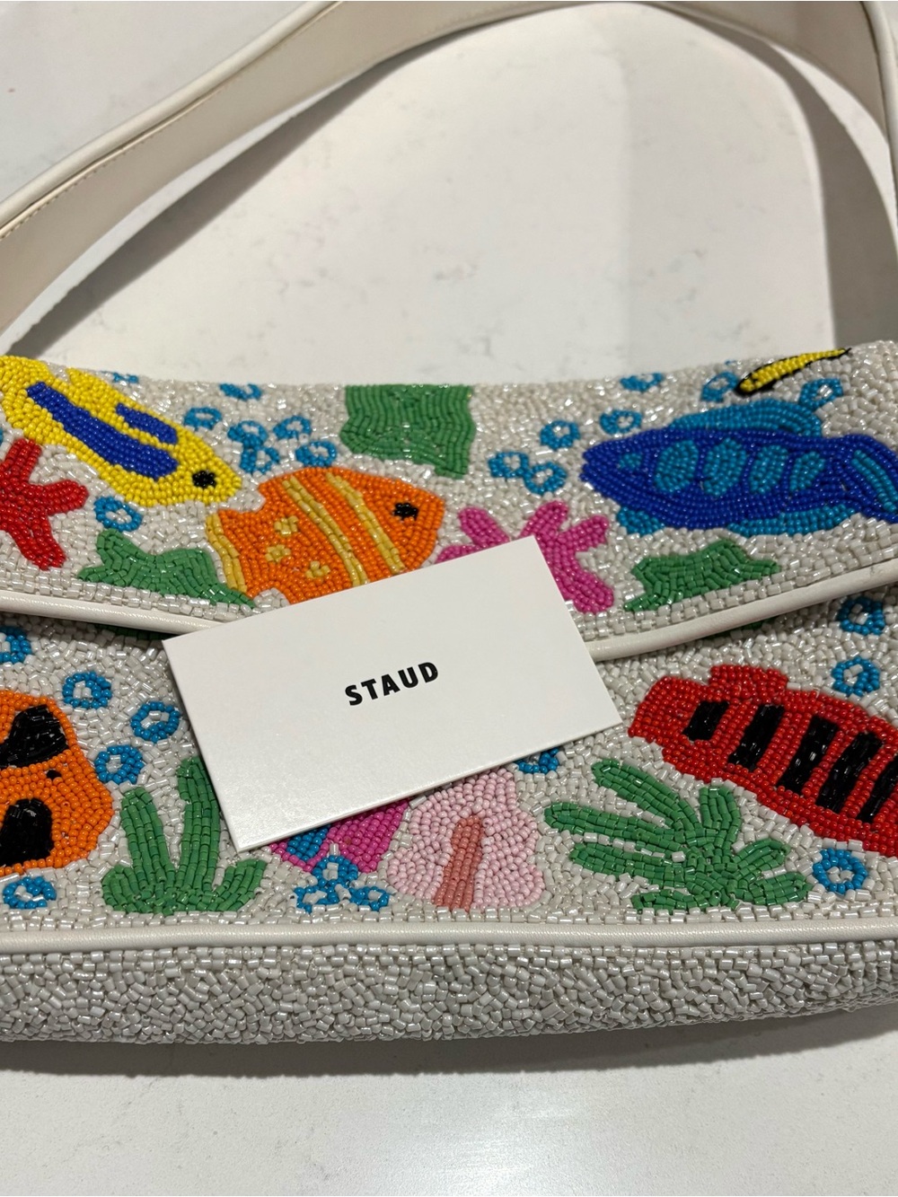 STAUD Tommy Hand Beaded Tropical Fish Shoulder Bag White Leather - Picture 8 of 16